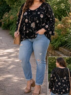Reitmans Plus Size Black Floral Crochet Back Panel Blouse Boho Flowy Long Sleeve